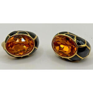 Joan Rivers Earrings Oval Citrine Coloured Crystals In Black Enamel, Gold Plated